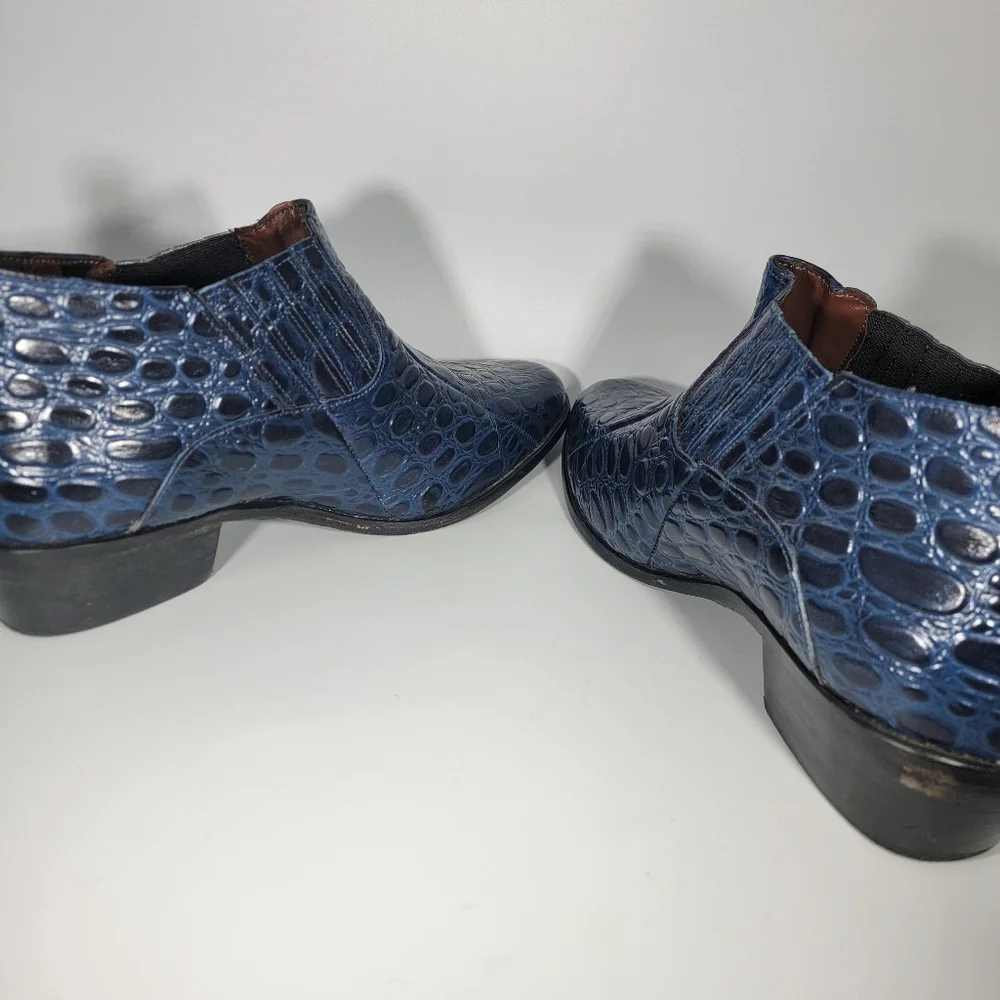 Stacy Adams Sandoval Navy Croco Print Leather Cuban Heeled Boots Men's Size 12W